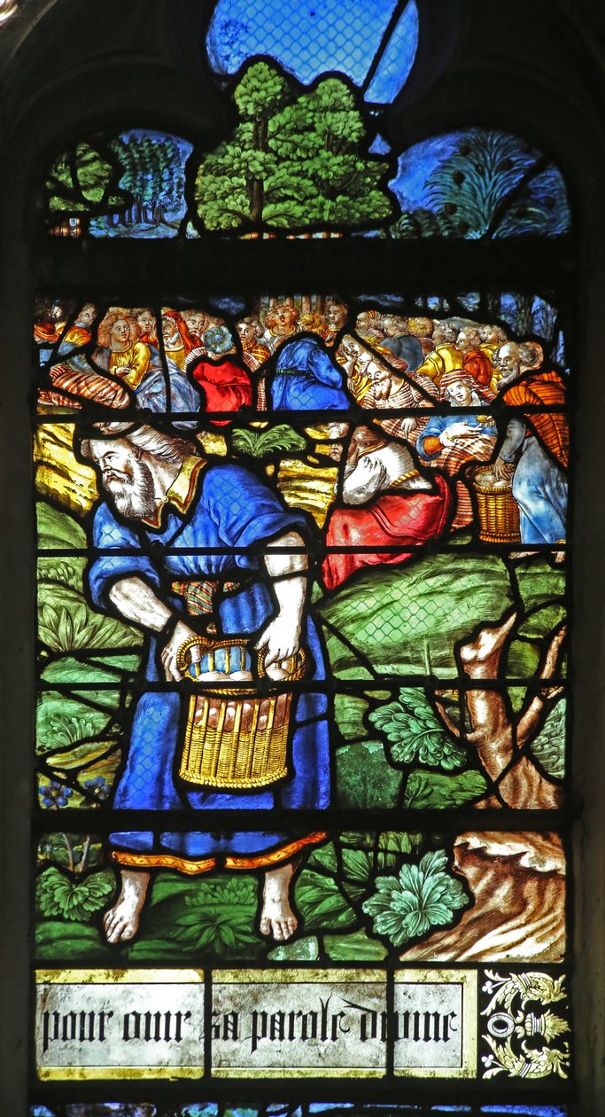 Fönster w12 som visar en detalj från Miracle of the Feeding of the 5000 av French School