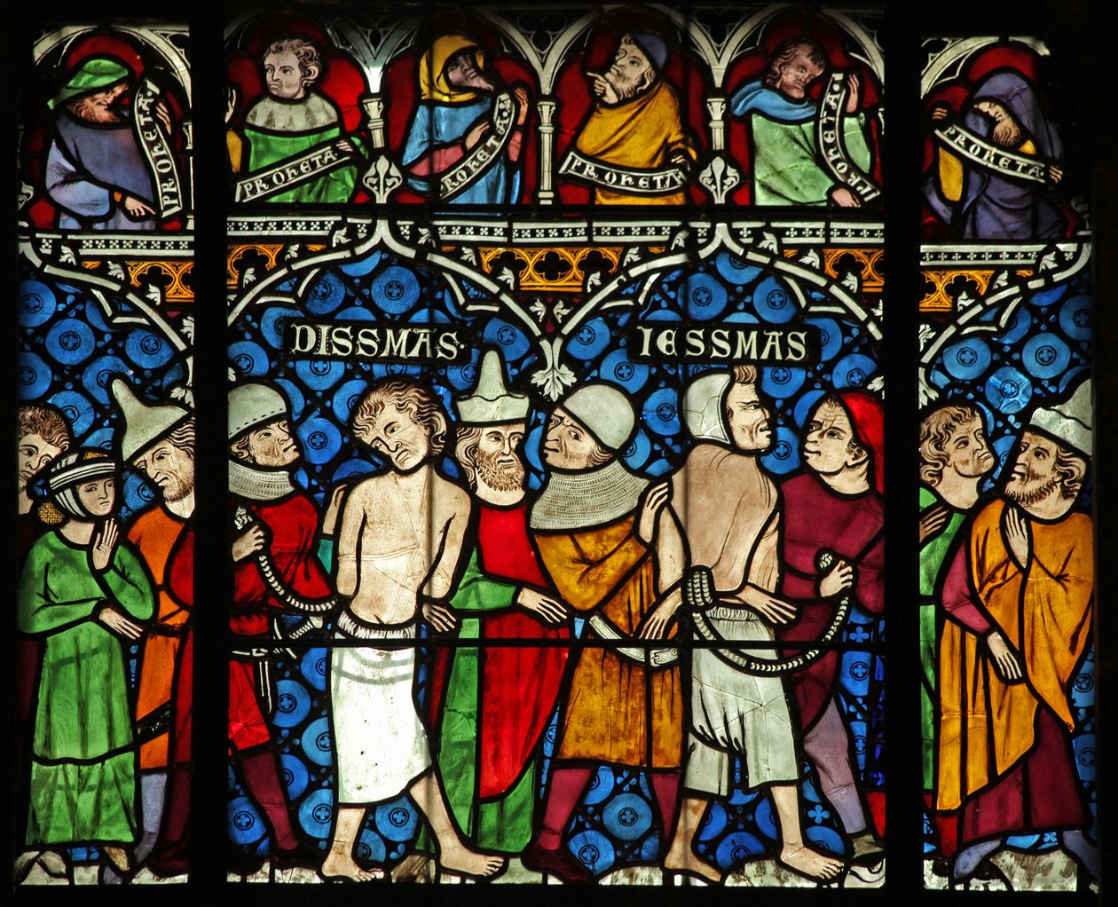 Fönster w12 som visar två tjuvar är utvalda för att korsfästas med Jesus av French School