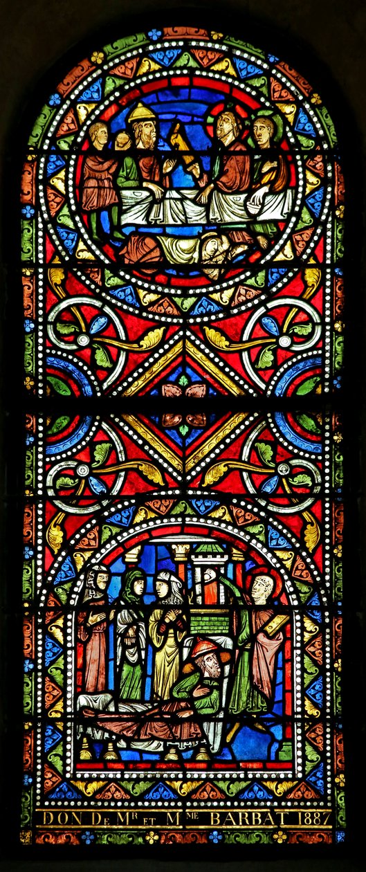 Fönster w13 som föreställer Kyrkan på 1800-talet är dessa två paneler från början av C13 och är det äldsta glaset i Chalons av French School