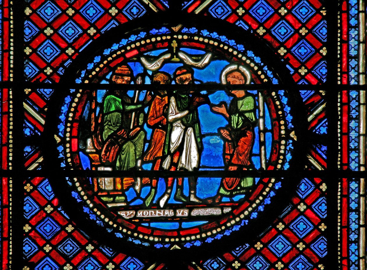 Fönster w14 som visar Simon Magus och St Peter före Herodes av French School