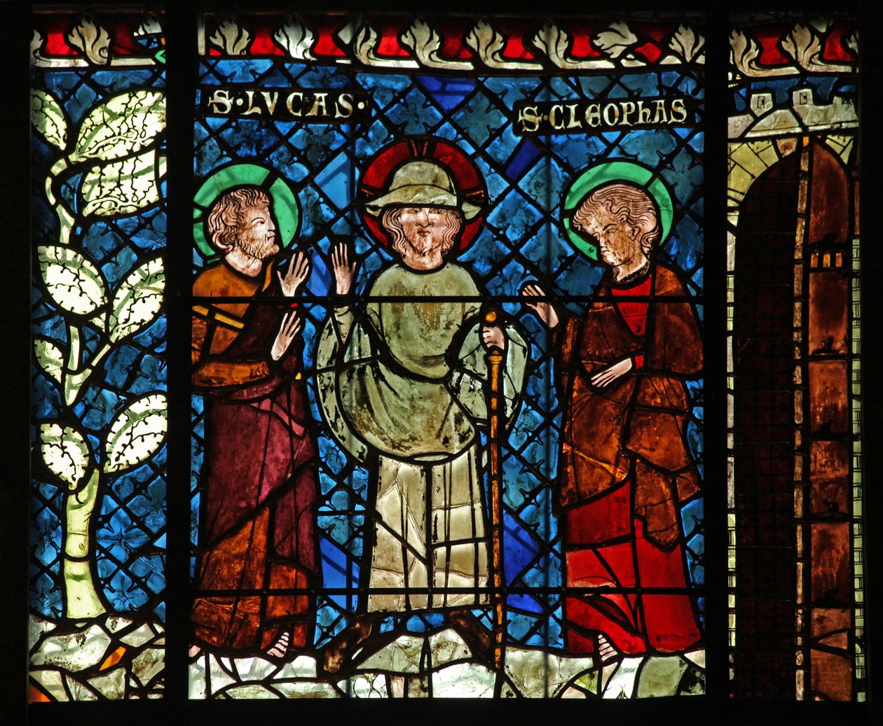 Fönster w14 som visar mötet med Kristus på vägen till Emmaus: St Lukas och St Cleophas av French School