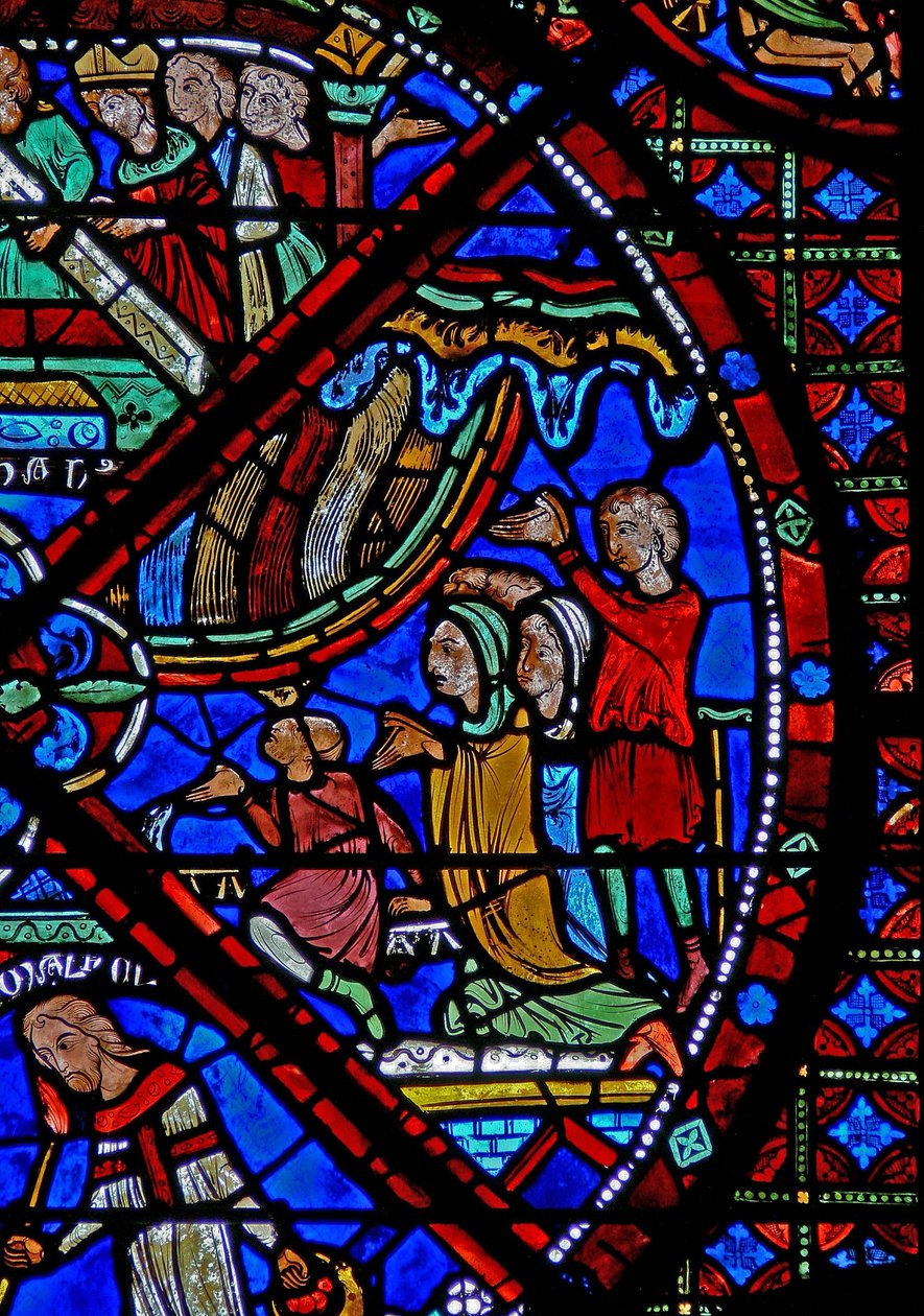 Fönster w15 som skildrar historien om St Stephens reliker: när de närvarade vid återbegravningen upplever människorna mirakulösa botemedel när regnet faller över dem av French School