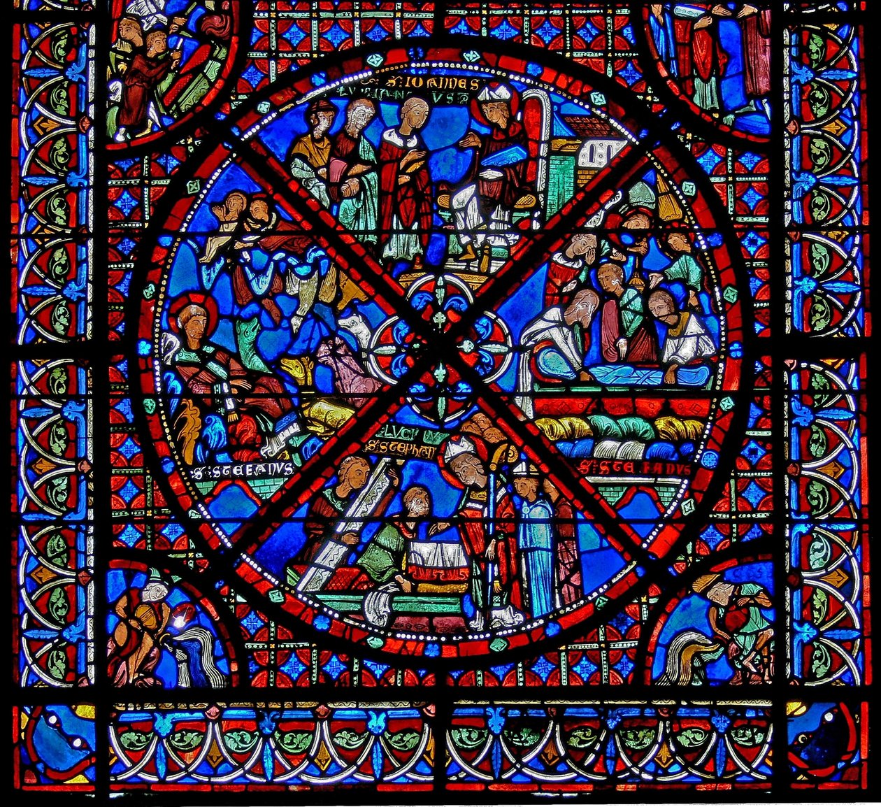 Fönster w15 som visar historien om St Stephens reliker: den nedre delen av fönstret av French School
