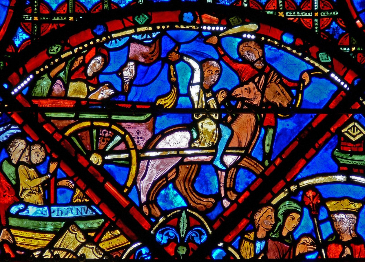 Fönster w15 som visar historien om St Stephens reliker: transport av relikerna med häst och vagn av French School