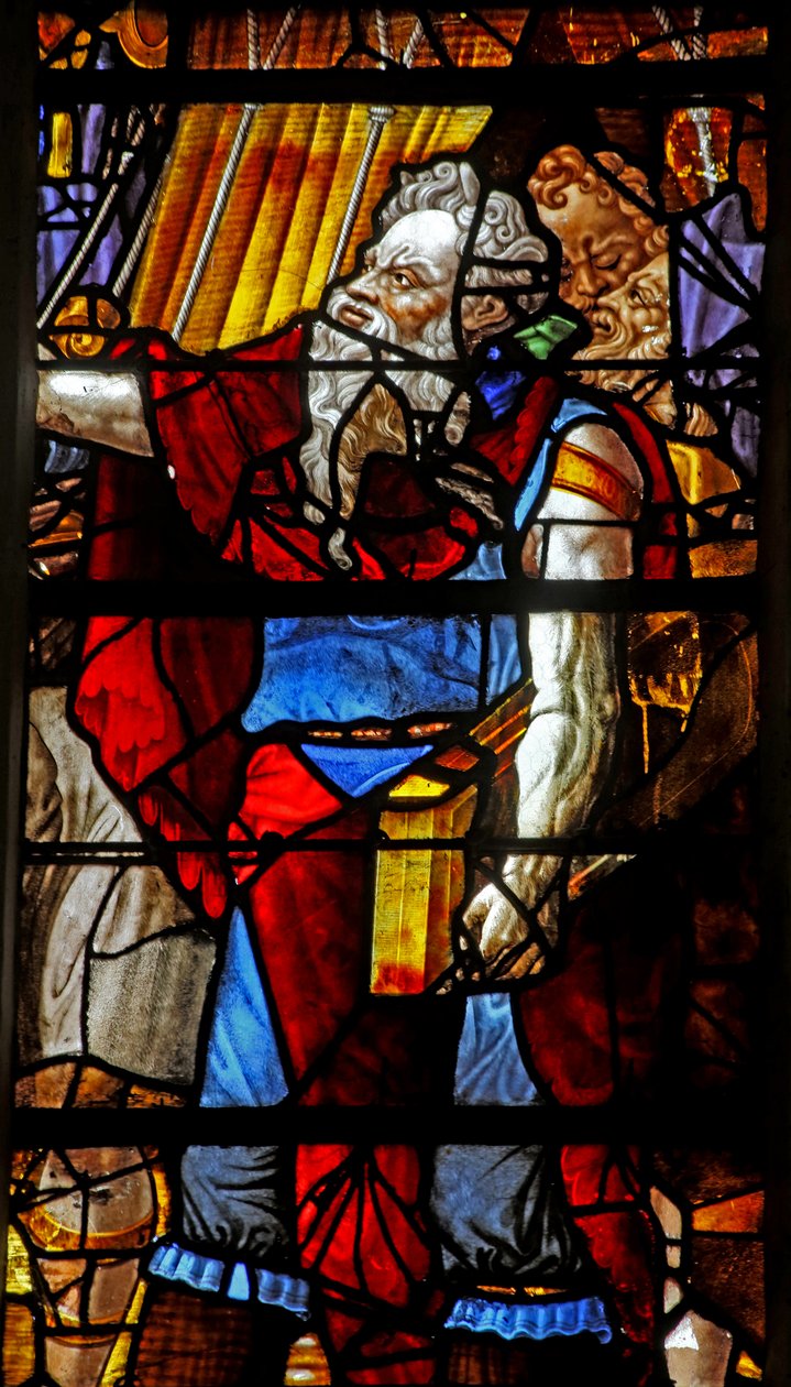 Fönster w16 som visar Moses (modernt huvud) organiserar insamlingen av Manna (vissa figurer är kopior av Michelangelos figurer) av French School