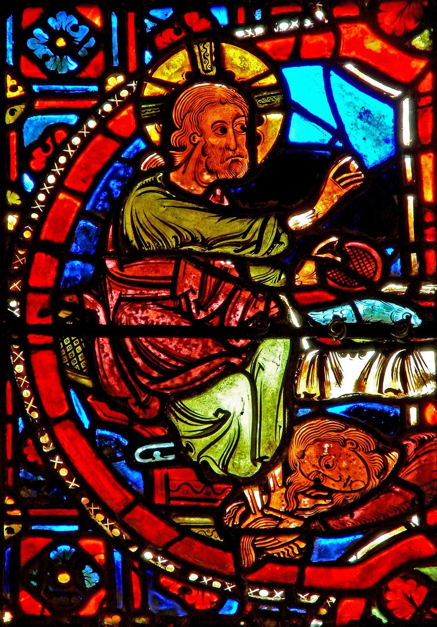 Fönster w17 som visar en scen från Maria Magdalenas liv - helgonet som tvättar Kristi fötter av French School