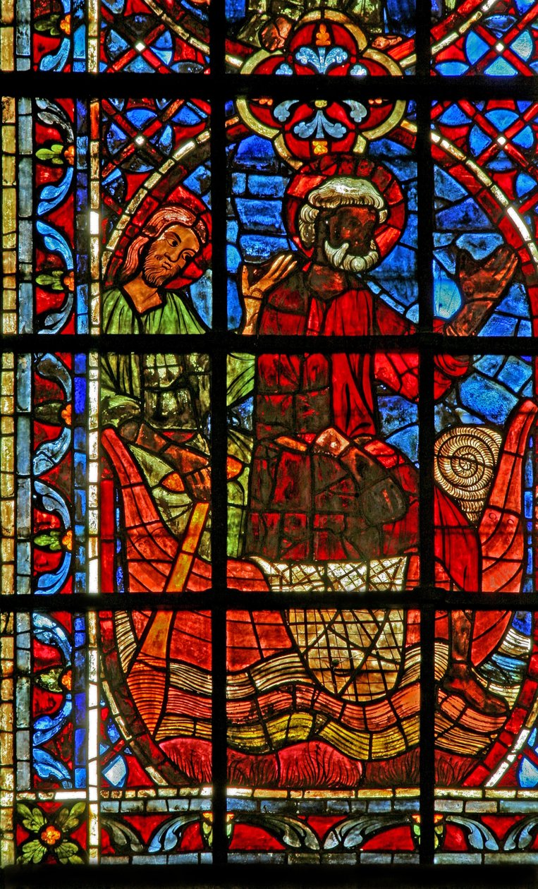 Fönster w204 som visar kyrkans skepp med St Peter och St Paul av French School