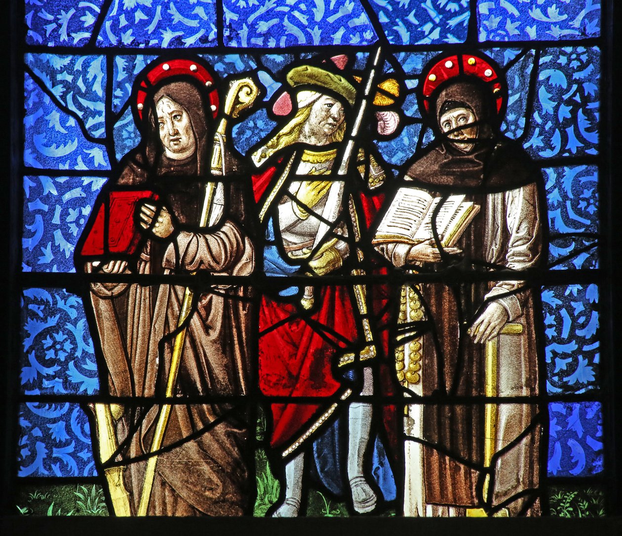 Fönster w20 som visar St Dominic och St Francis med en chevalier som håller ett svärd av French School