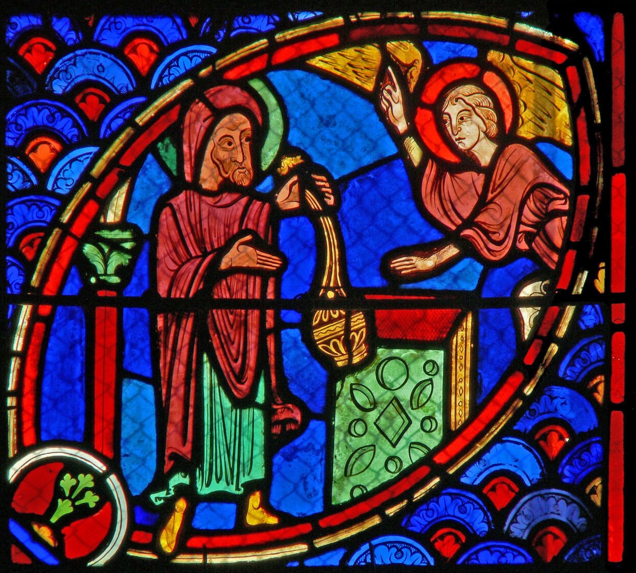 Fönster w20 som föreställer Zacharias, Johannes Döparens far, besöks av en ängel i templet av French School