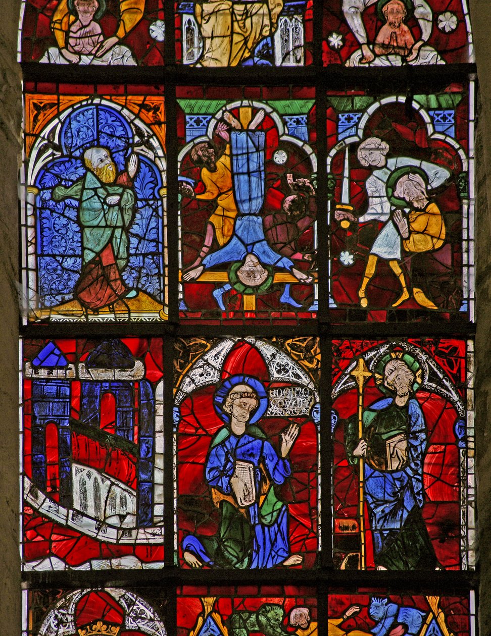 Fönster w221 föreställande Quo Vadis; St Pauls martyrskap, St Peters korsfästelse; en profet av French School