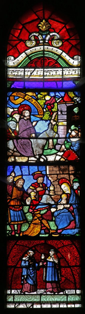 Fönster w22 som visar inträdet till Jerusalem; Tillbedjan av Magi; Ss Cosmos och Damian av French School