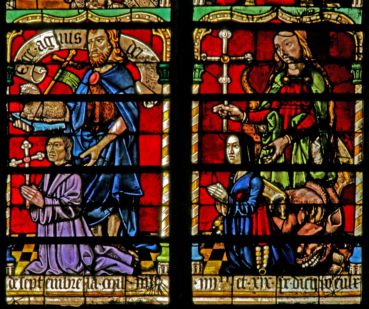 Fönster w236 som visar en donator - Jean Corart och hustru med St John Baptist och St Catherine av French School