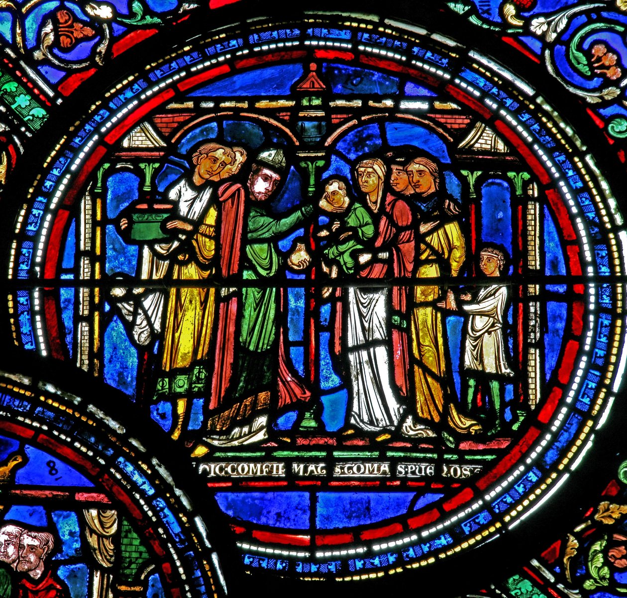 Fönster w23 föreställande St Thomas Becket konfirmerande barn av French School