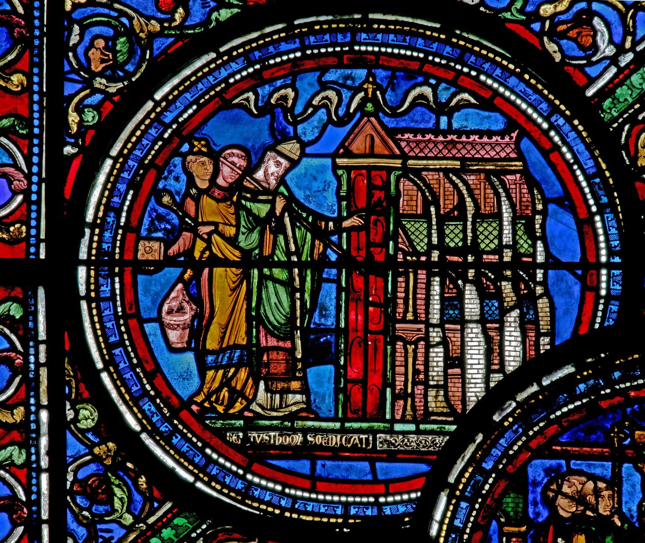 Fönster w23 som visar St Thomas Becket som inviger en kyrka av French School
