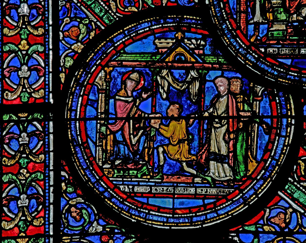 Fönster w23 som visar St Thomas Becket får ett meddelande från kungen av French School