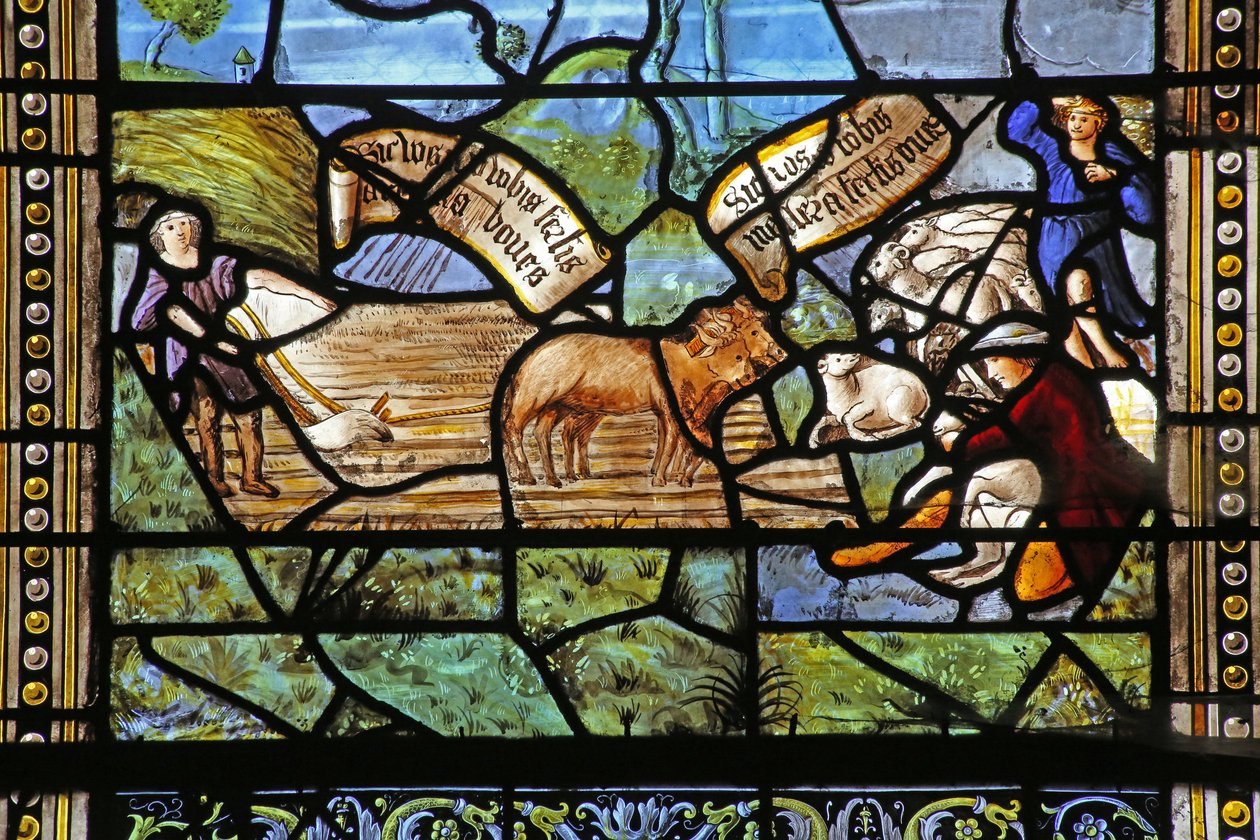 Fönster w26 som visar Virgil-inspirerade landscener under Kristus på korset av French School