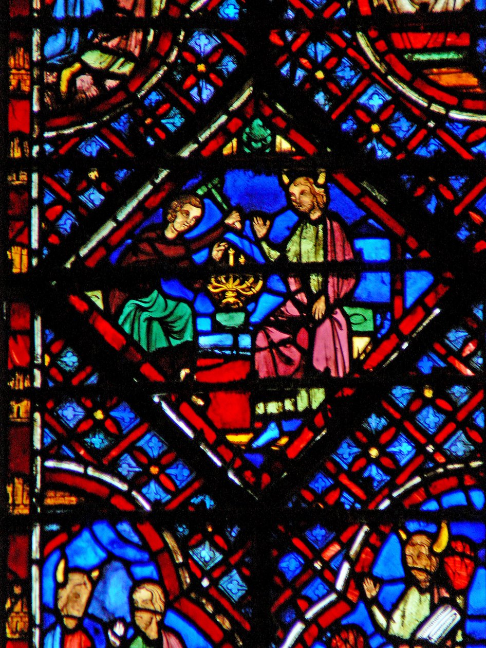 Fönster w2 Moses tittar på Bezalel som gör Menora Ex XXXVII 17-24 av French School