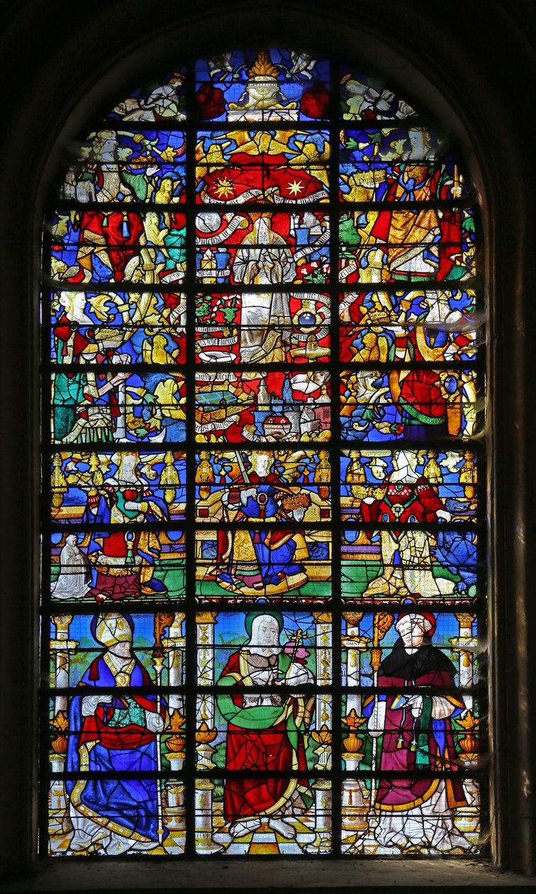 Fönster w32 föreställande Jungfruns litania och St Lubin, Johannes Döparen och St Maur av French School