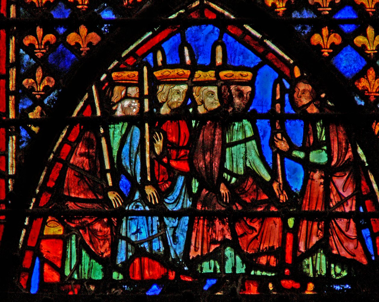 Fönster w3 Moses återförenar hyllningsprinsarna; samlar sina stavar Numb XVII 1-6 av French School