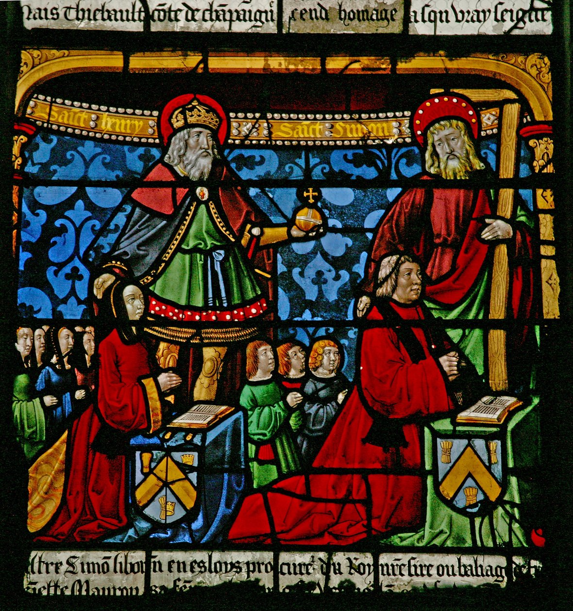 Fönster w3 som visar donatorer - Henriette de Mauroy och Simon Liboron med sina barn och skyddshelgonen St Henry och Simon av Cyrene av French School