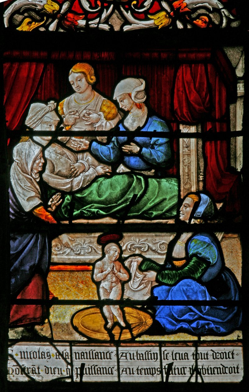 Fönster w3 som visar St Nicholas födelse av French School