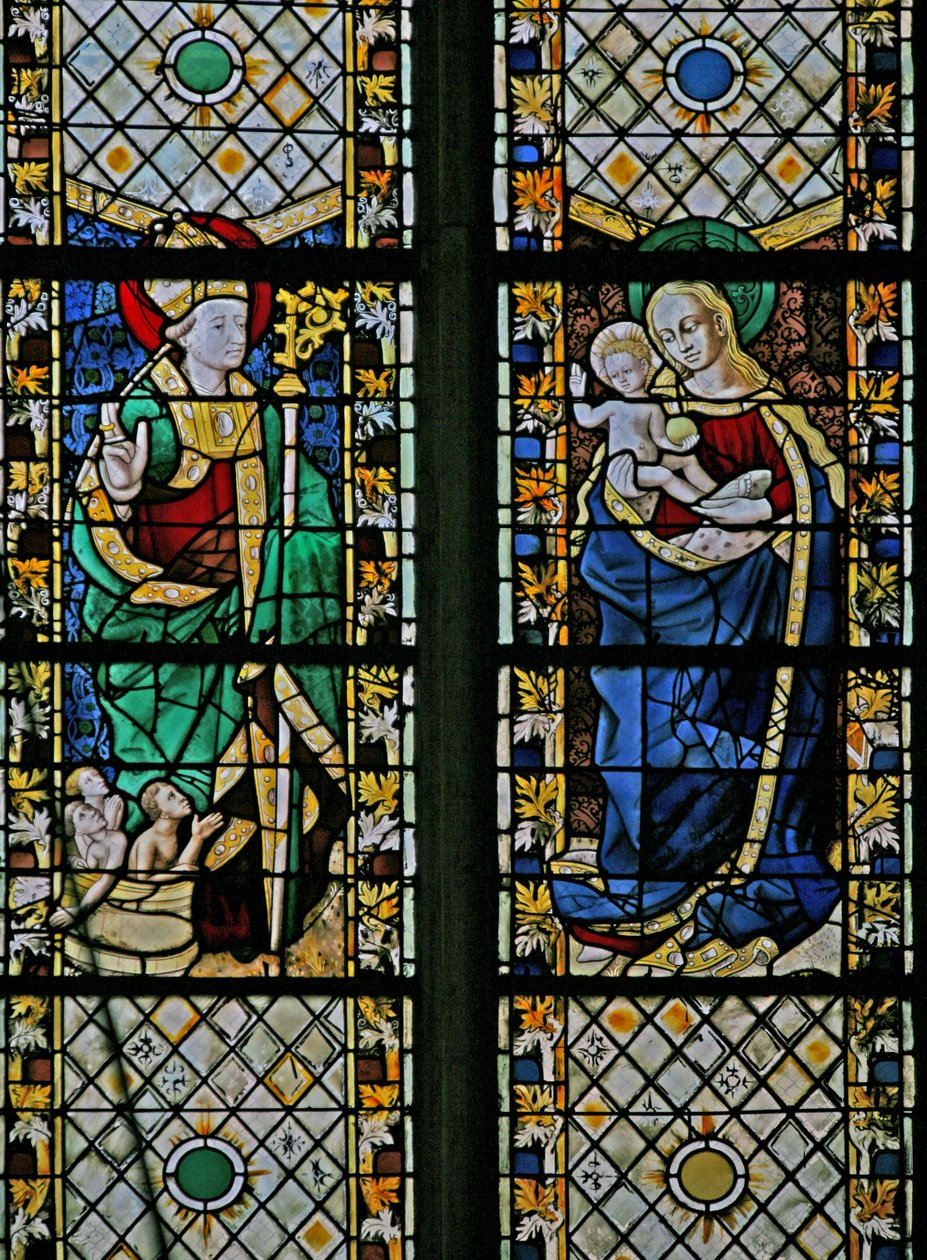 Fönster w43 föreställande St Nicholas och Jungfrun och barnet av French School