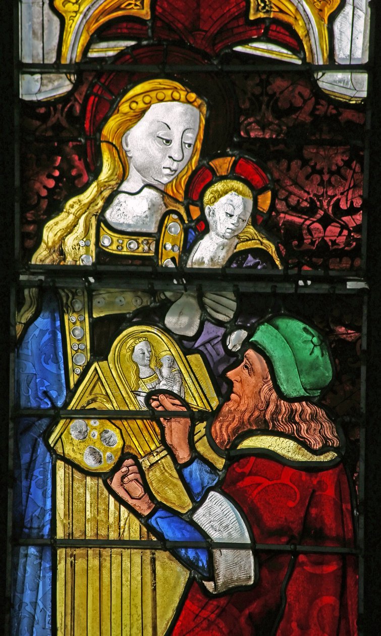 Fönster w4 föreställande St Luke som målar Jungfru Maria av French School