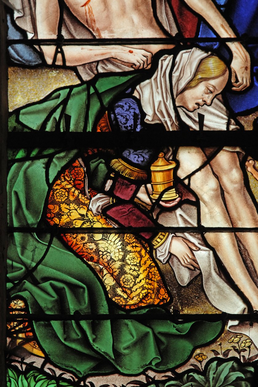 Fönster w4 som visar en scen från Maria Magdalenas liv - helgonet vid nedstigningen från korset av French School