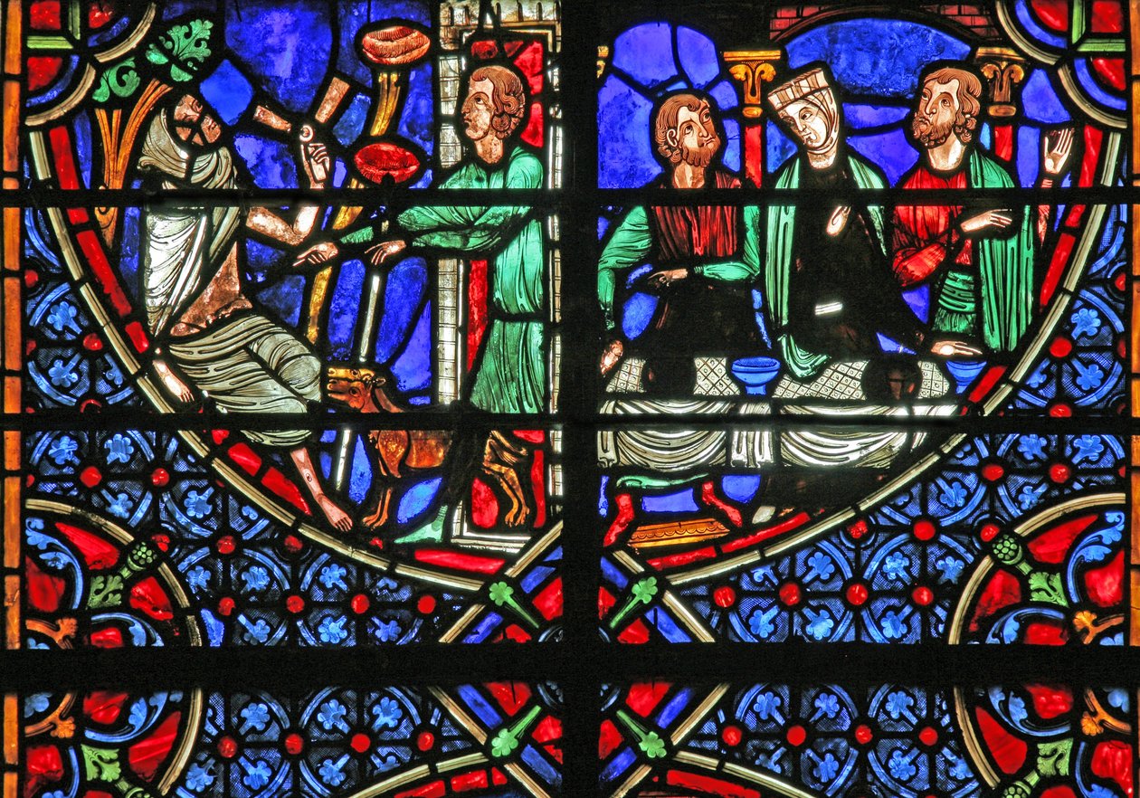 Fönster w4 som visar liknelsen om dyk och Lasarus av French School