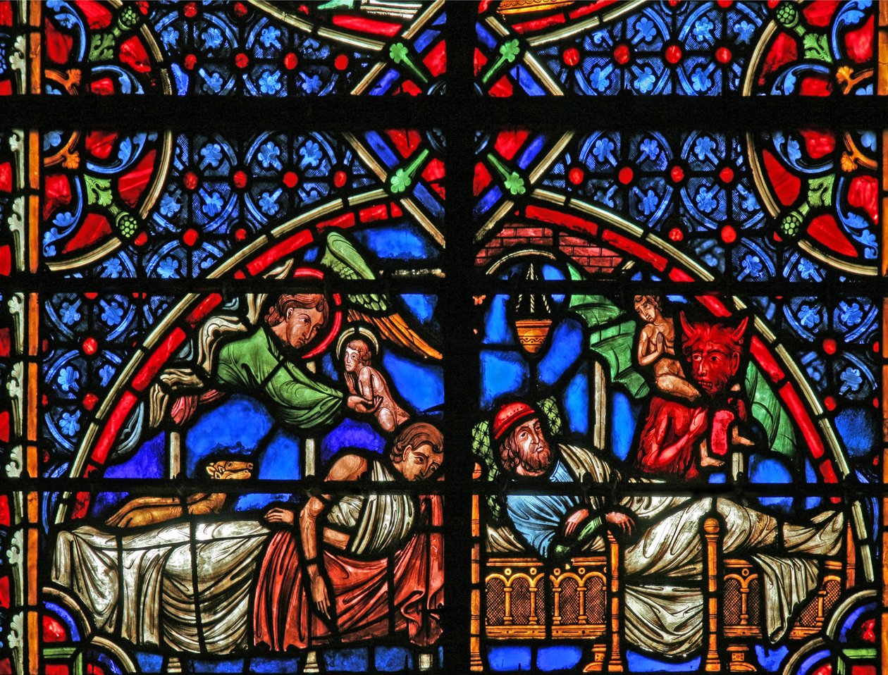 Fönster w4 som visar liknelsen om dyk och Lazarus - deras död av French School