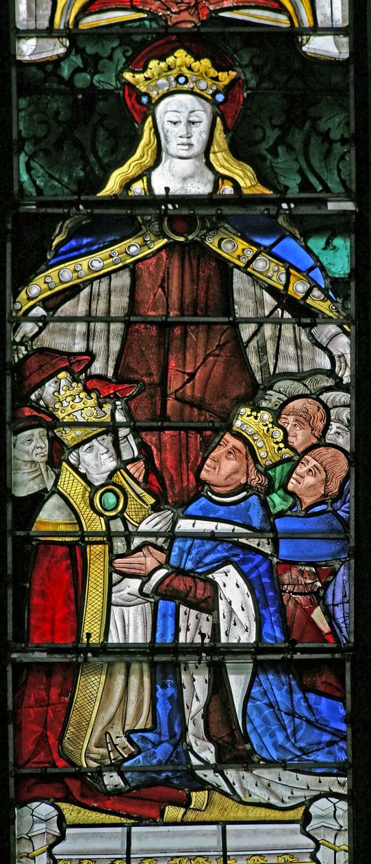 Fönster w4 som visar Jungfru Maria som beskyddare, påven Paulus II och kung Ludvig XI av French School