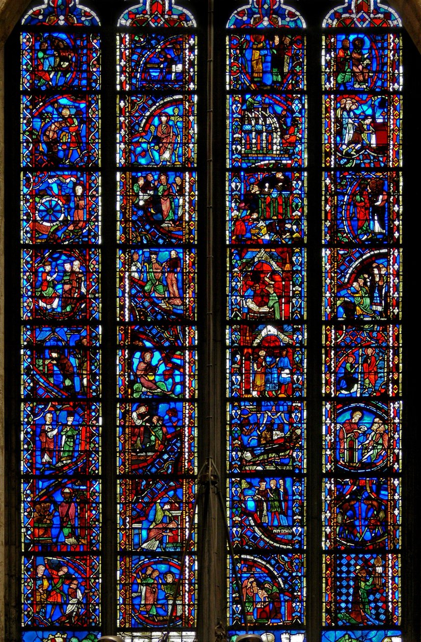 Fönster w53 som visar scener ur livet av St Catherine, St Nicholas, St John Baptist, St Stephen av French School