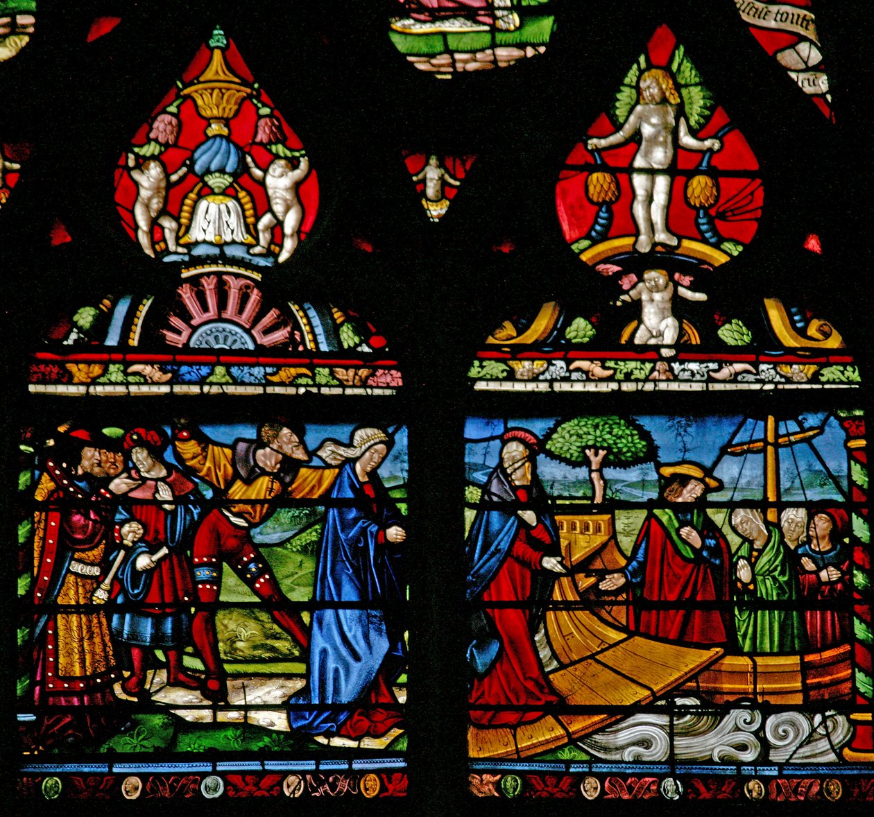 Fönster w6 som visar en scen från Maria Magdalenas liv - hon går ombord på en båt av French School