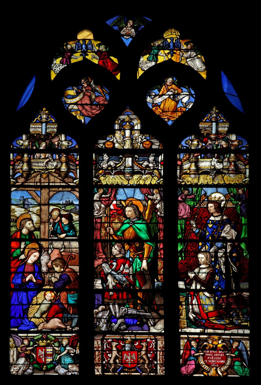 Fönster w6 som visar födseln med herdar; donatorerna Gaspard de Coligny och hustru och skyddshelgon av French School