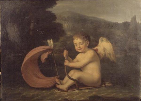 Bevingad Amor, seglar en båt med kogerskrov och pilmast, ca 1800 av French School