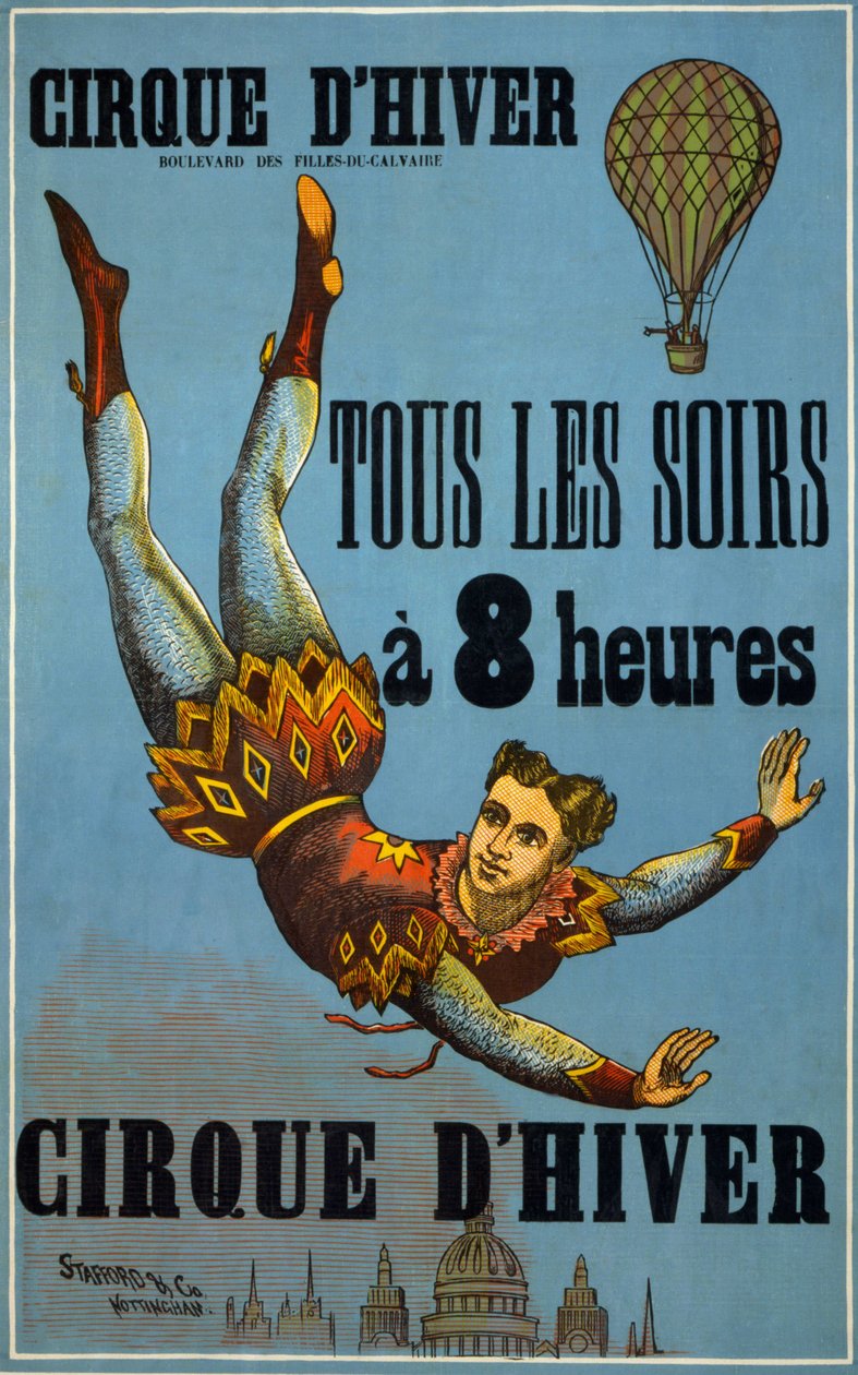 Vintercirkus varje kväll, klockan 8:00: Reklamaffisch gjord av Stafford Co och Nottingham, för en Cirque-show på Cirque d