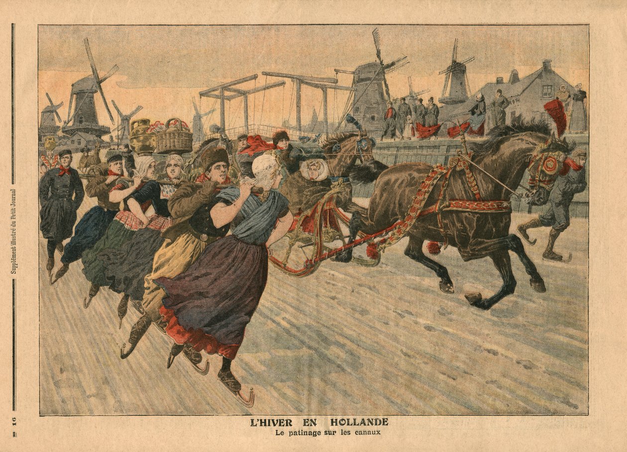 Winter in Holland, skridskoåkning på kanalen, illustration från 