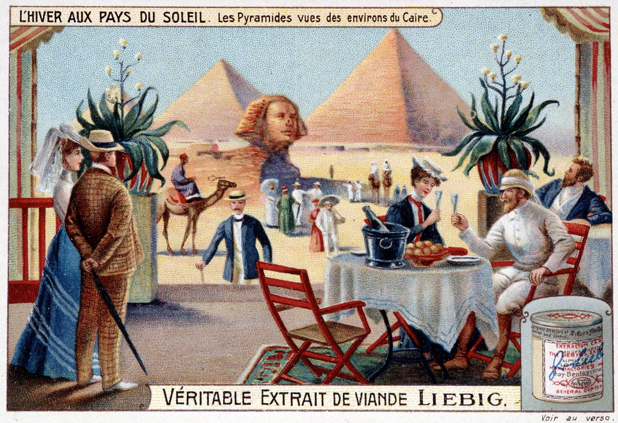 Vinter i solens länder: pyramider sedda från Kairos omgivningar - Reklamvinjett, chromo. Liébig, v.1900. av French School