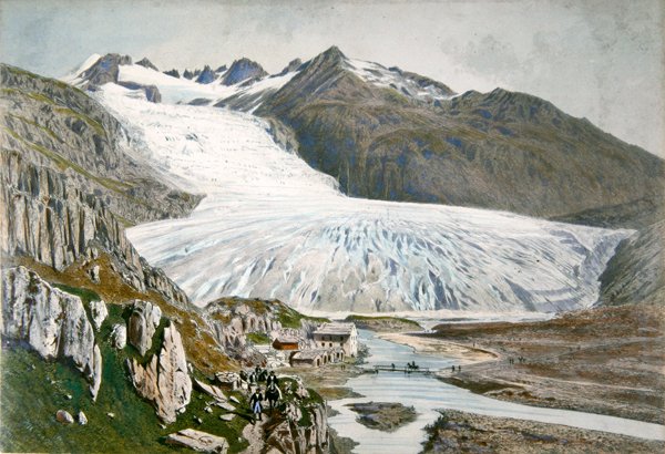 Vinterlandskap och resenärer i Pyrenéerna, ca 1850 (färg litho) av French School