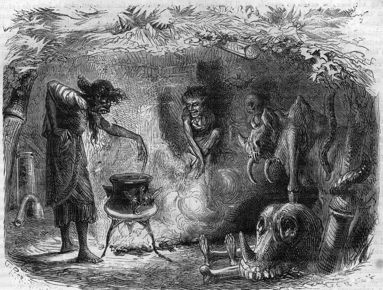 Häxkonst: häxa runt en kittel som gör trolldrycker och sortileges. Gravyr i "Histoire des Papes-Rois-Queen and Empereurs a travers les centuries"" av Maurice Lachatre av French School