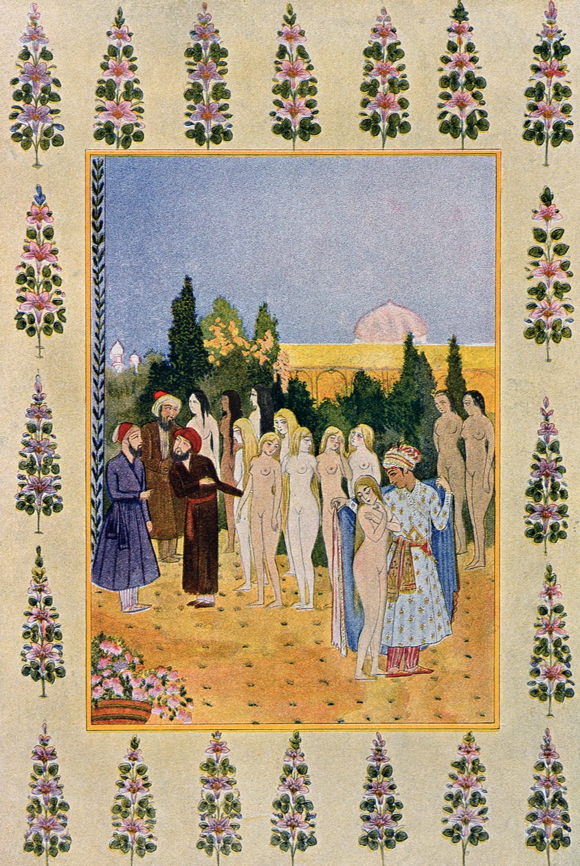 Med min mantel ska jag skydda hennes nakenhet, illustration från The Arabian Nights, 1895 (färgstick) av French School