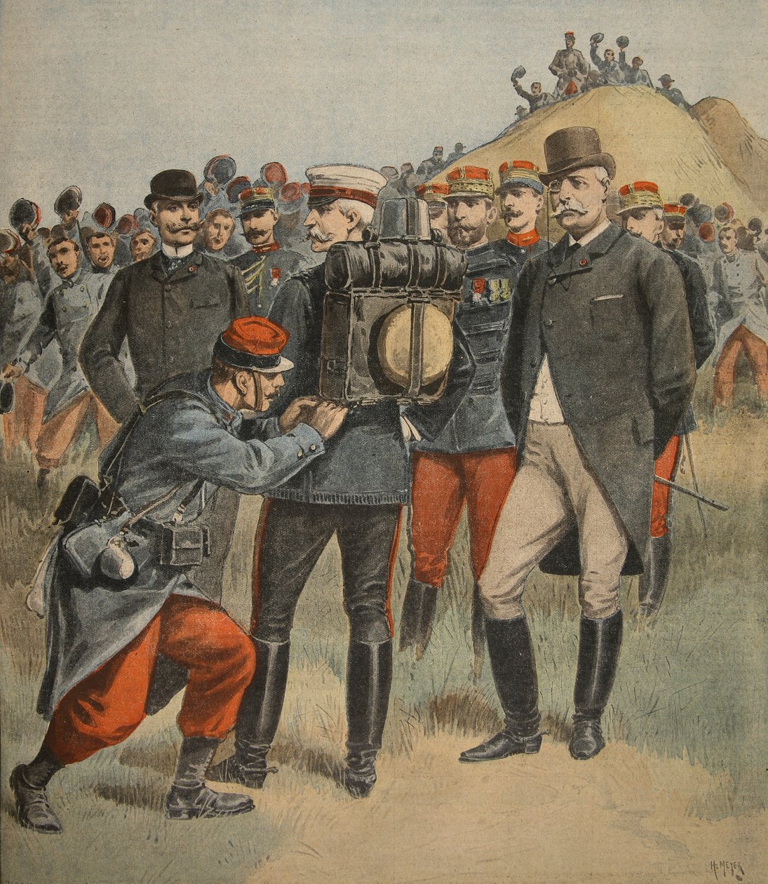 Med arméns manövrar: Hertigen av Connaught testar en soldats väska, illustration från Le Petit Journal: Supplement illustre, 2 oktober 1898 av French School