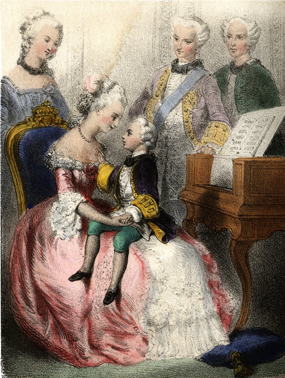 Wolfgang Amadeus Mozart (1756-1791) i armarna på den österrikiska imponen Marie-Therese (marie therese) - i "" De berömda barnen - historiska berättelser"" av Madame Eugenie Foa av French School