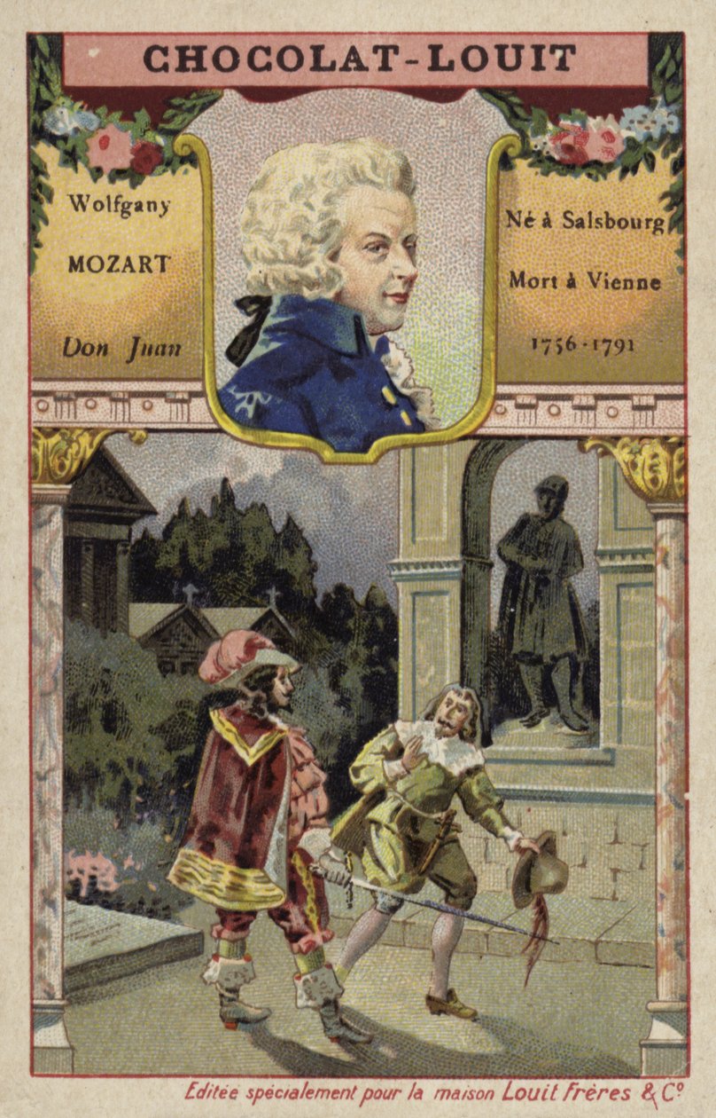 Wolfgang Amadeus Mozart, österrikisk kompositör, och en scen ur hans opera Don Juan (chromolitho) av French School