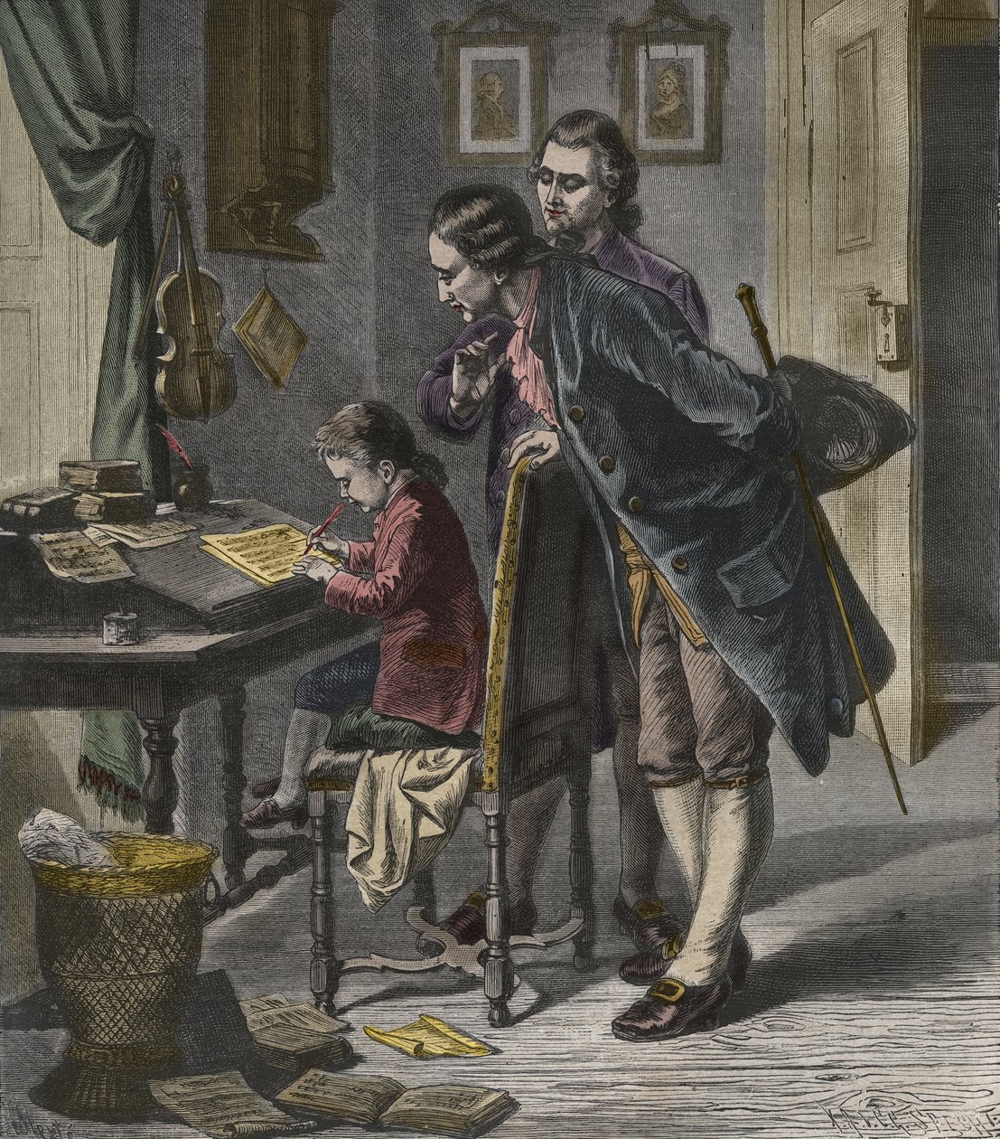 Wolfgang Amadeus Mozart skriver en konsert i närvaro av sin far, Leopold, illustration från "La Musique Populaire" av French School