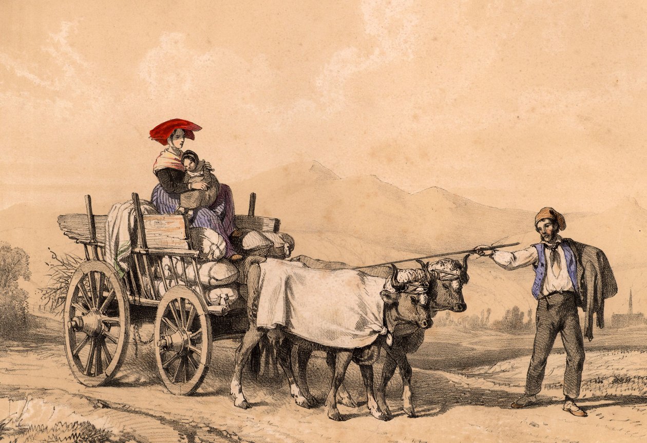 Kvinna och barn i traditionell klänning rider på en vagn full av säckar, c.1840 av French School