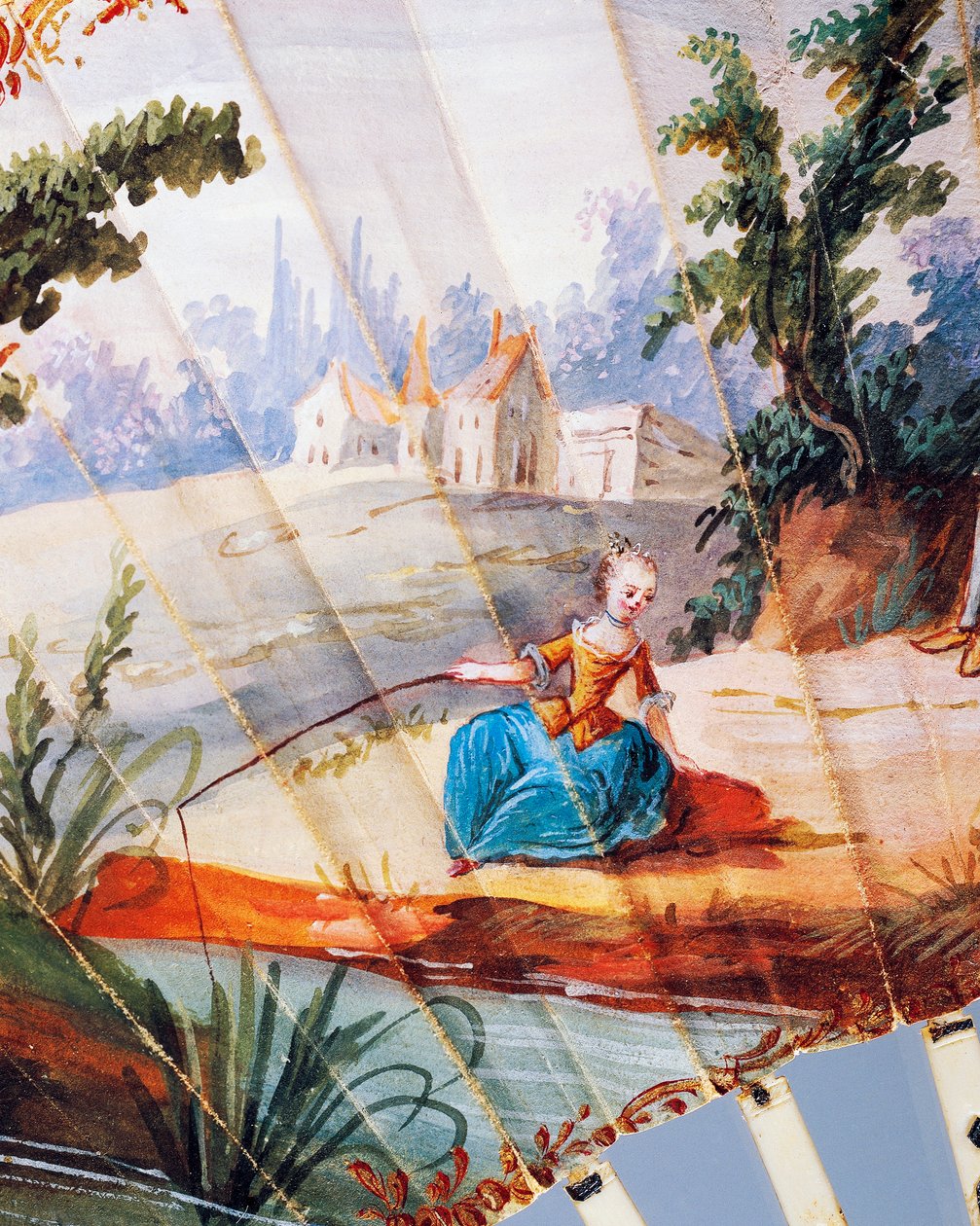 Kvinna som fiskar i floden, detalj av dubbla blad handfläkt målade med pastoral scen, elfenben och silver revben, ca 1760, front, Frankrike av French School