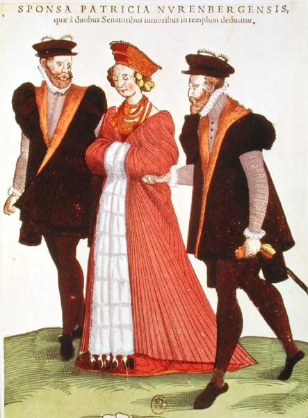 Kvinna från Nürnberg som eskorteras till templet av två senatorer, 1572 av French School