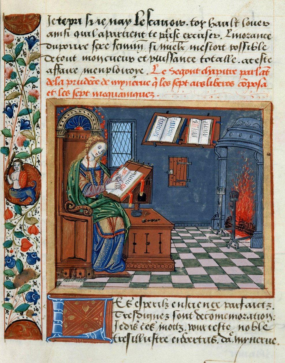 Kvinna som belyser boken om de försiktiga och oförsiktiga av Catherine dAmboise, 1509 av French School