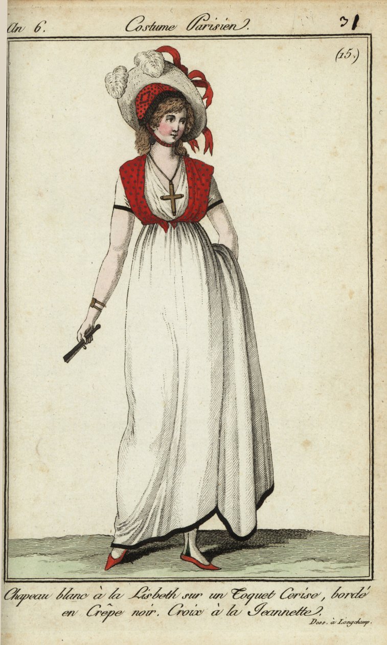 Kvinna i Lisbeth-hatt i mode från 1798 (handfärgad kopparstick) av French School